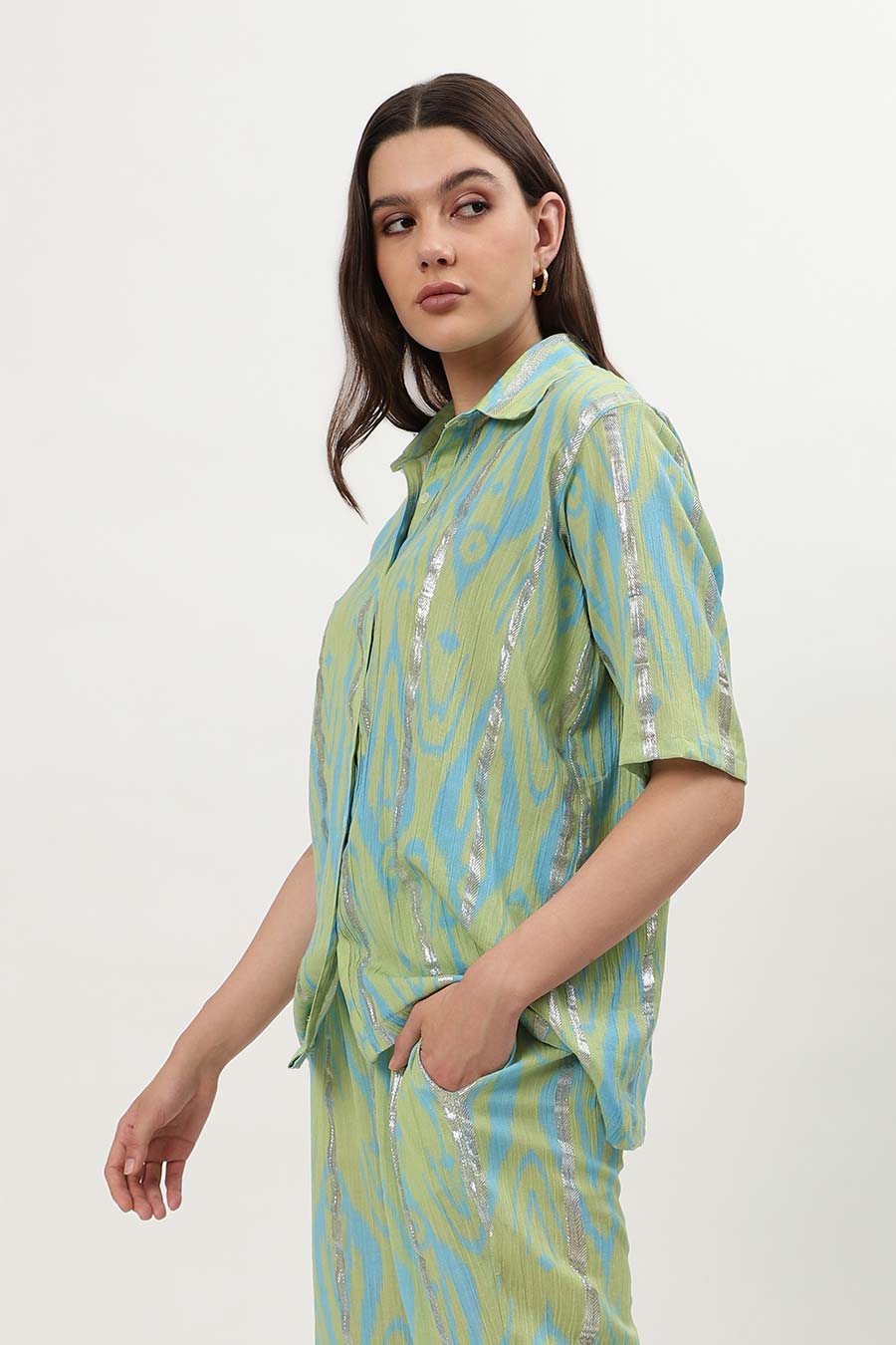 Light Green Lurex Ikat Printed Shirt