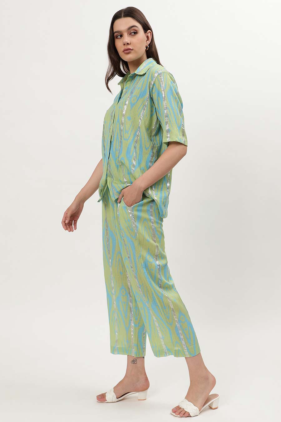 Light Green Lurex Ikat Printed Shirt