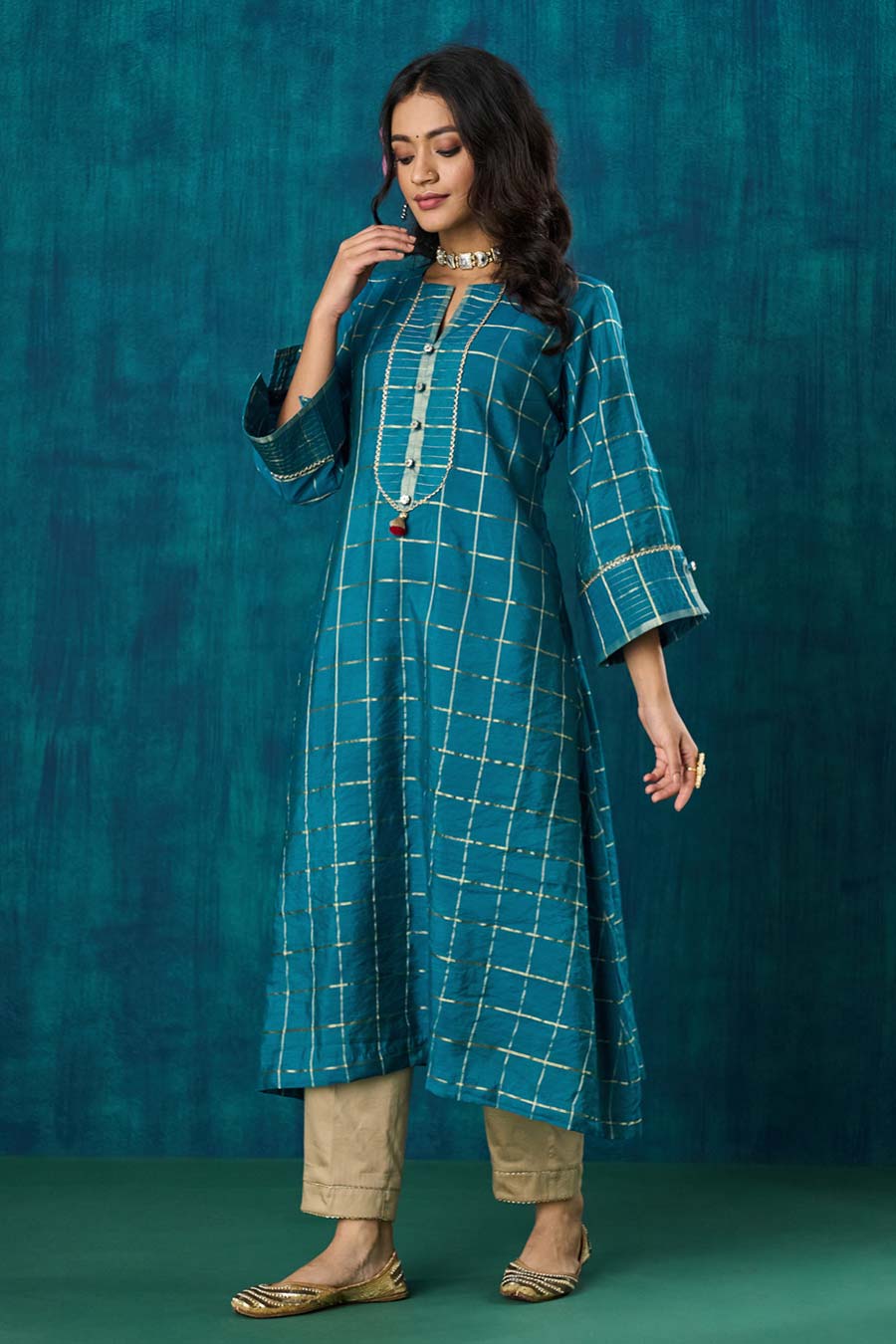 Turquoise Blue Checks Janaki Kurta