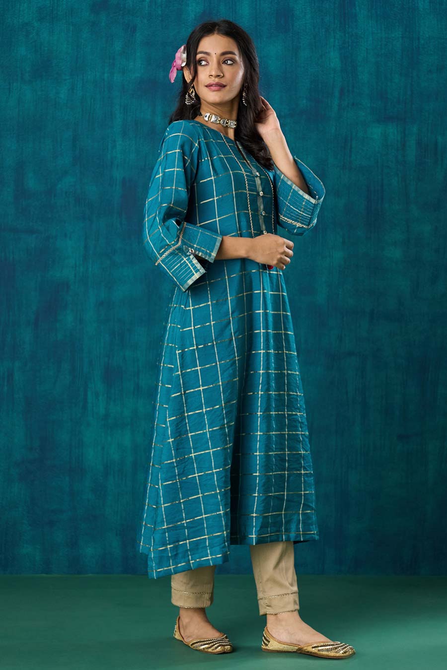 Turquoise Blue Checks Janaki Kurta