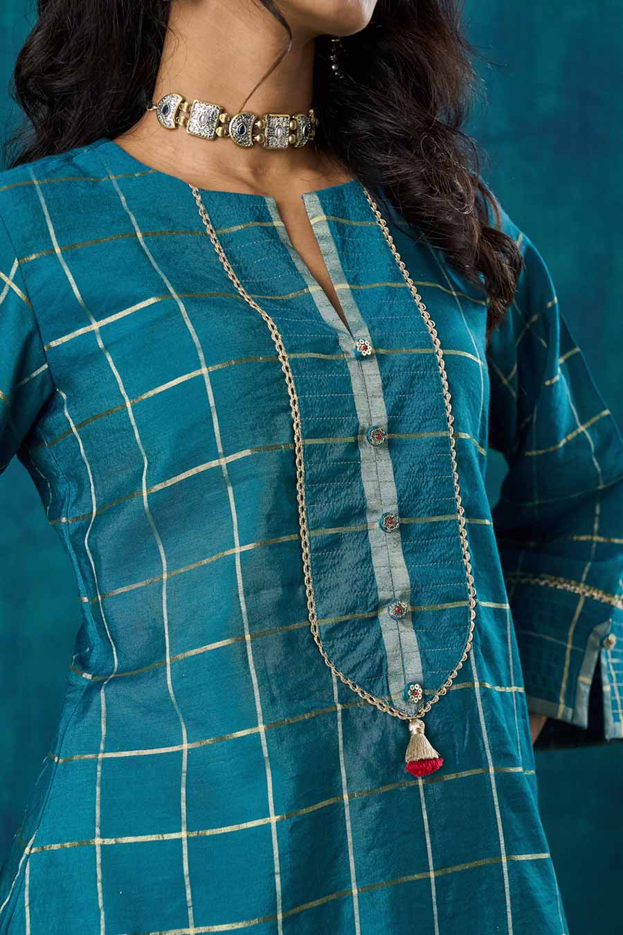 Turquoise Blue Checks Janaki Kurta