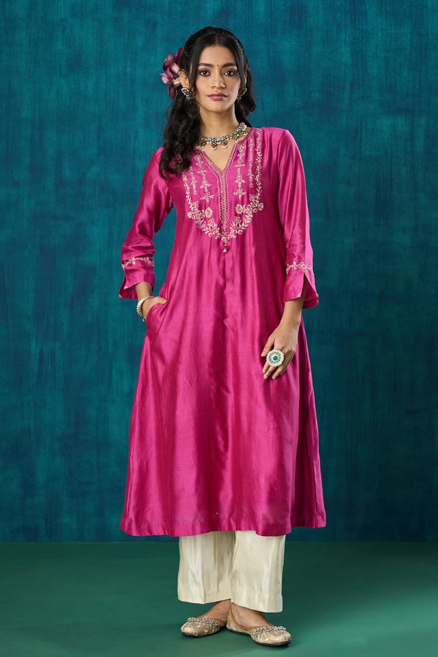 Magenta Pink Embroidered Charvi Kurta Set