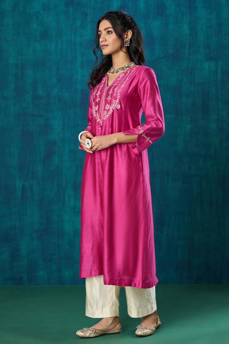 Magenta Pink Embroidered Charvi Kurta Set