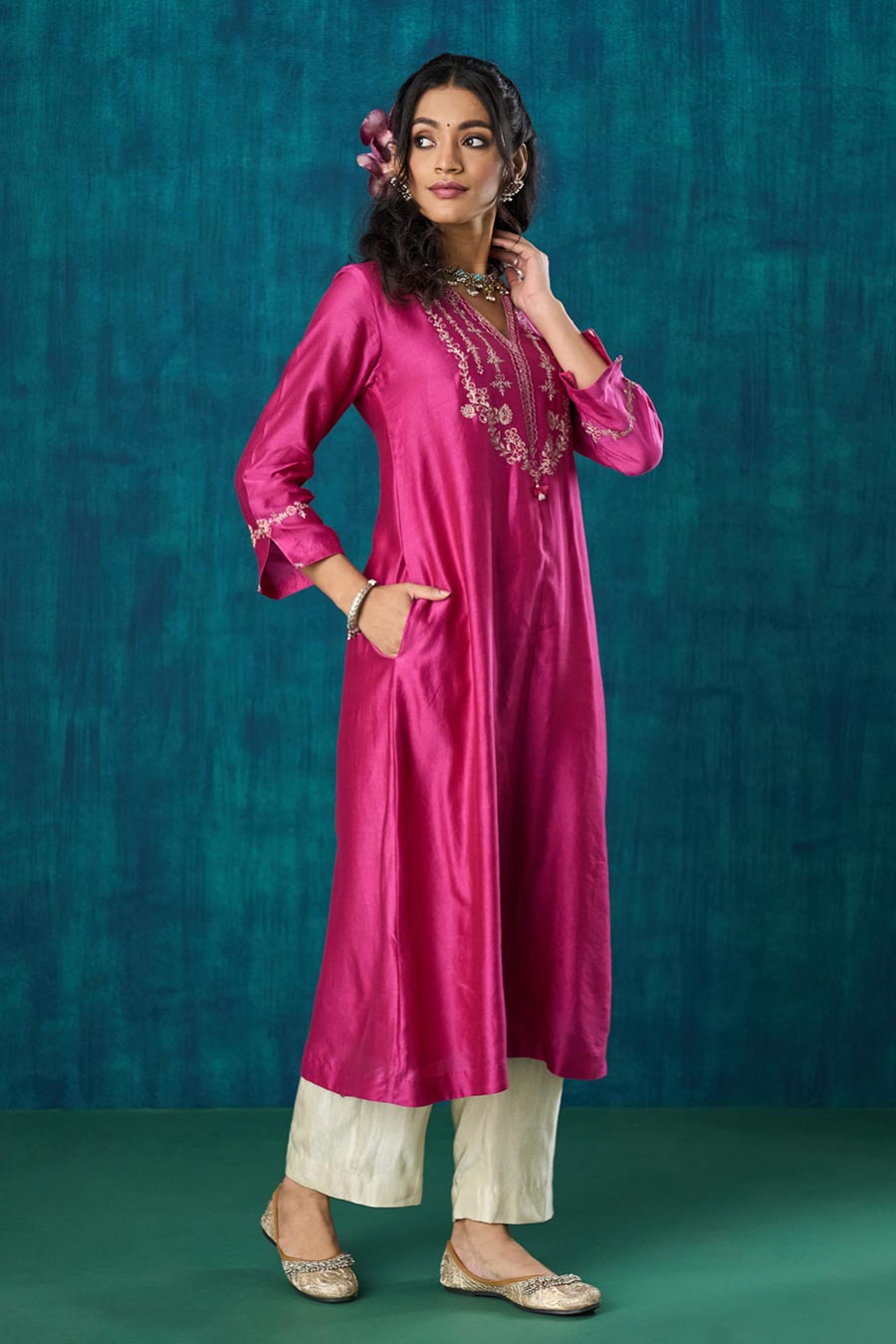 Magenta Pink Embroidered Charvi Kurta Set