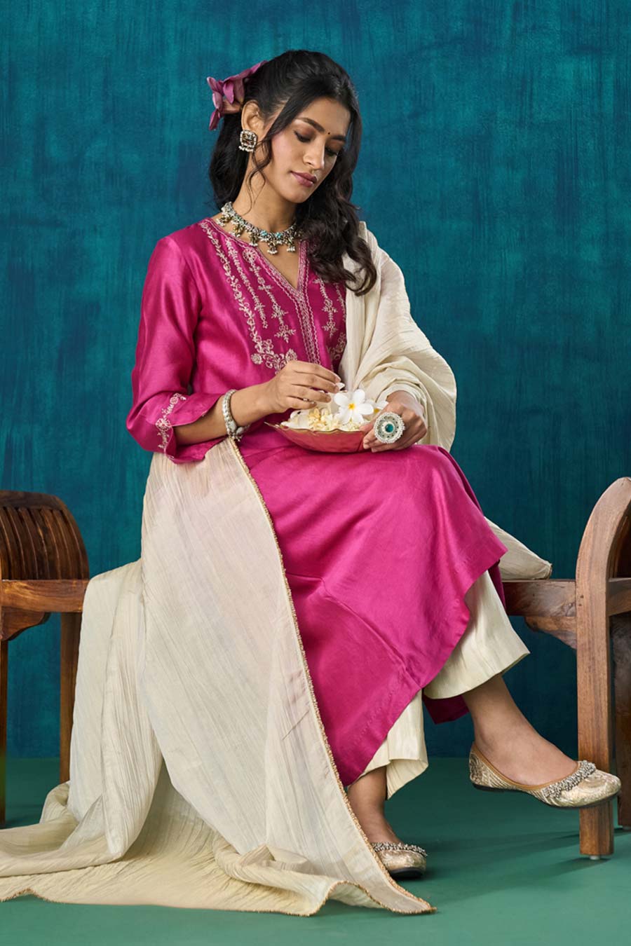 Magenta Pink Embroidered Charvi Kurta Set