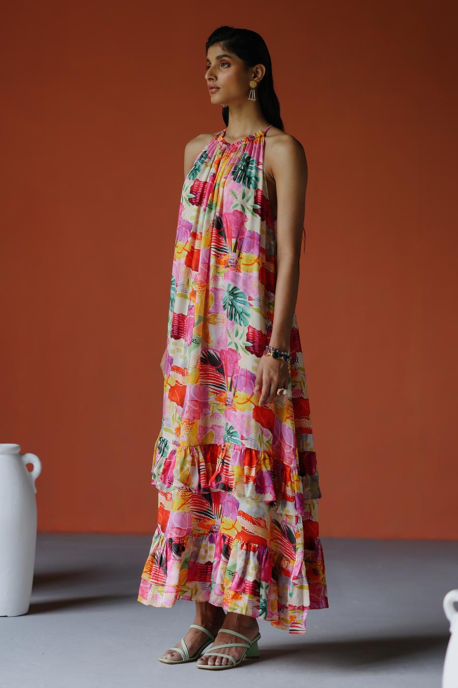 Pink Printed Halter Neck Tiered Maxi Dress