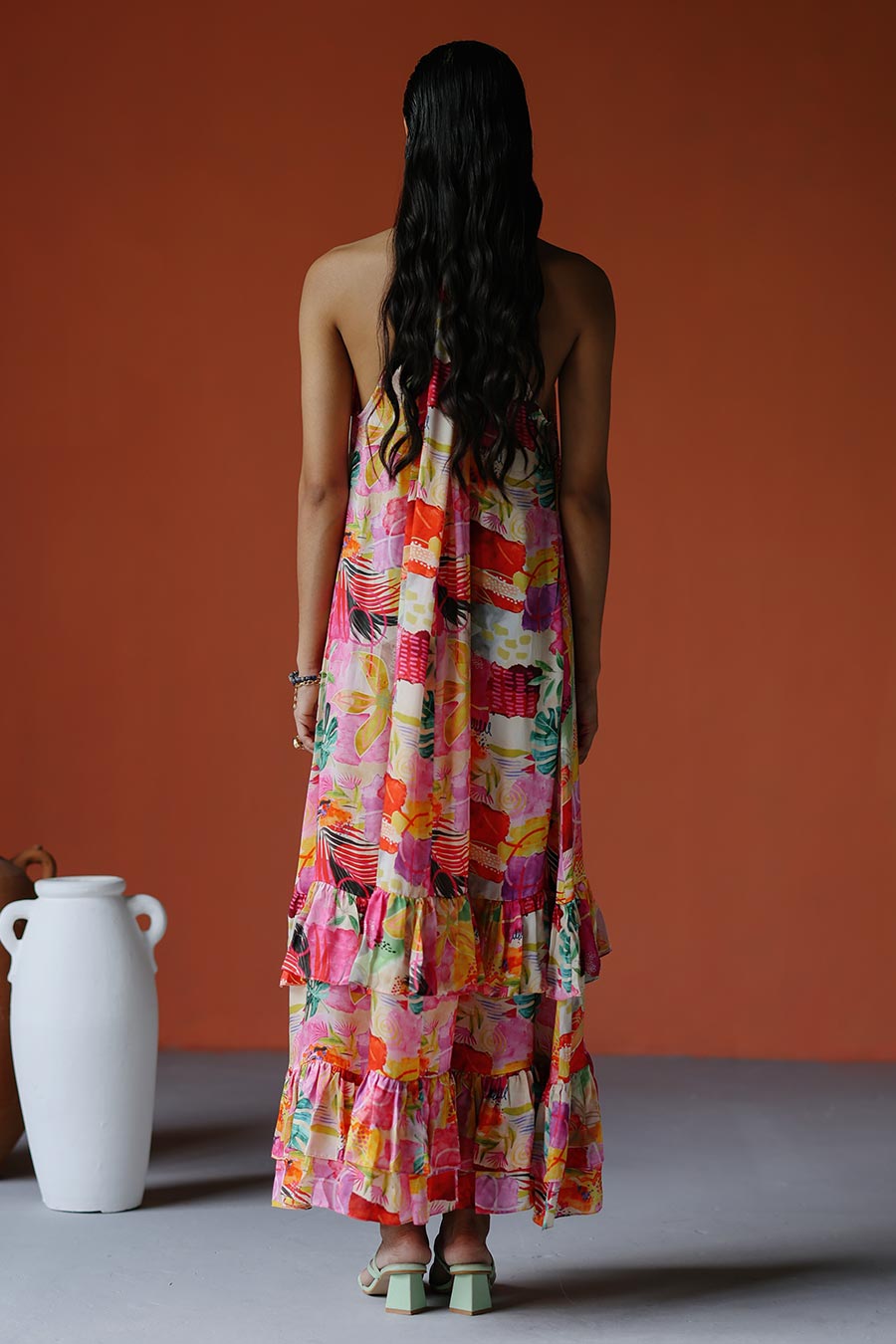 Pink Printed Halter Neck Tiered Maxi Dress