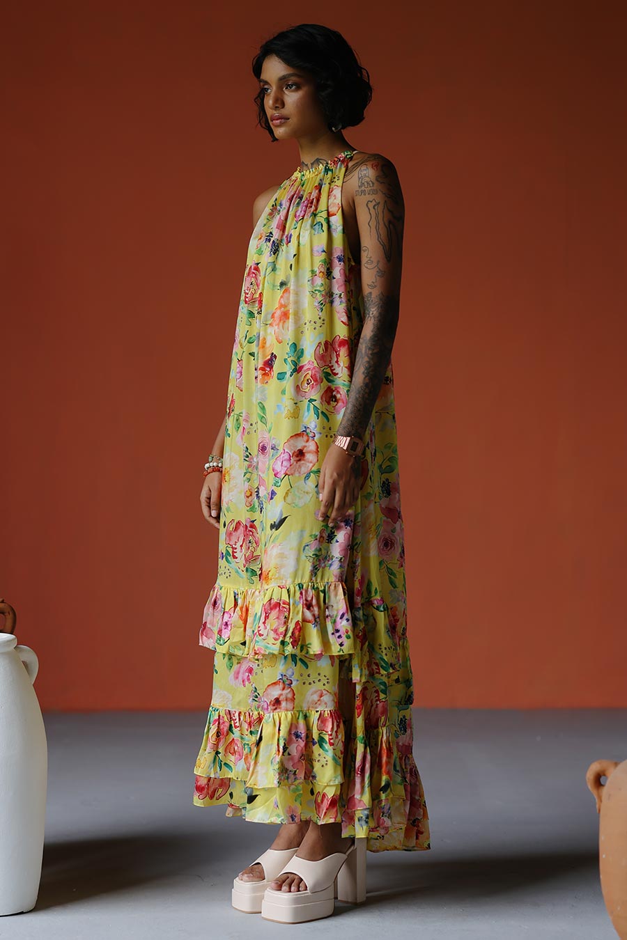 Yellow Printed Halter Neck Tiered Maxi Dress