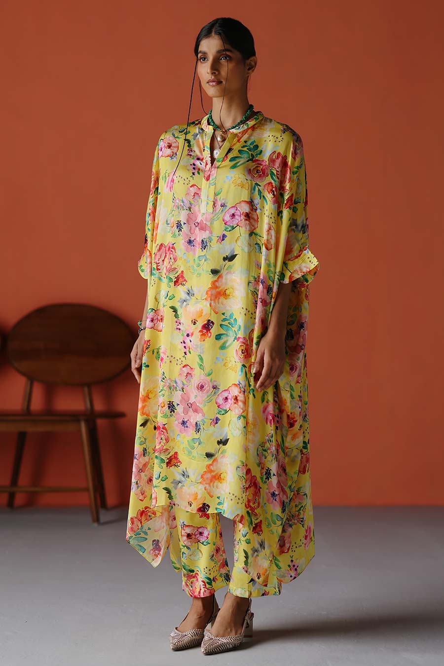 Yellow Printed Long Kaftan & Pant Co-Ord Set