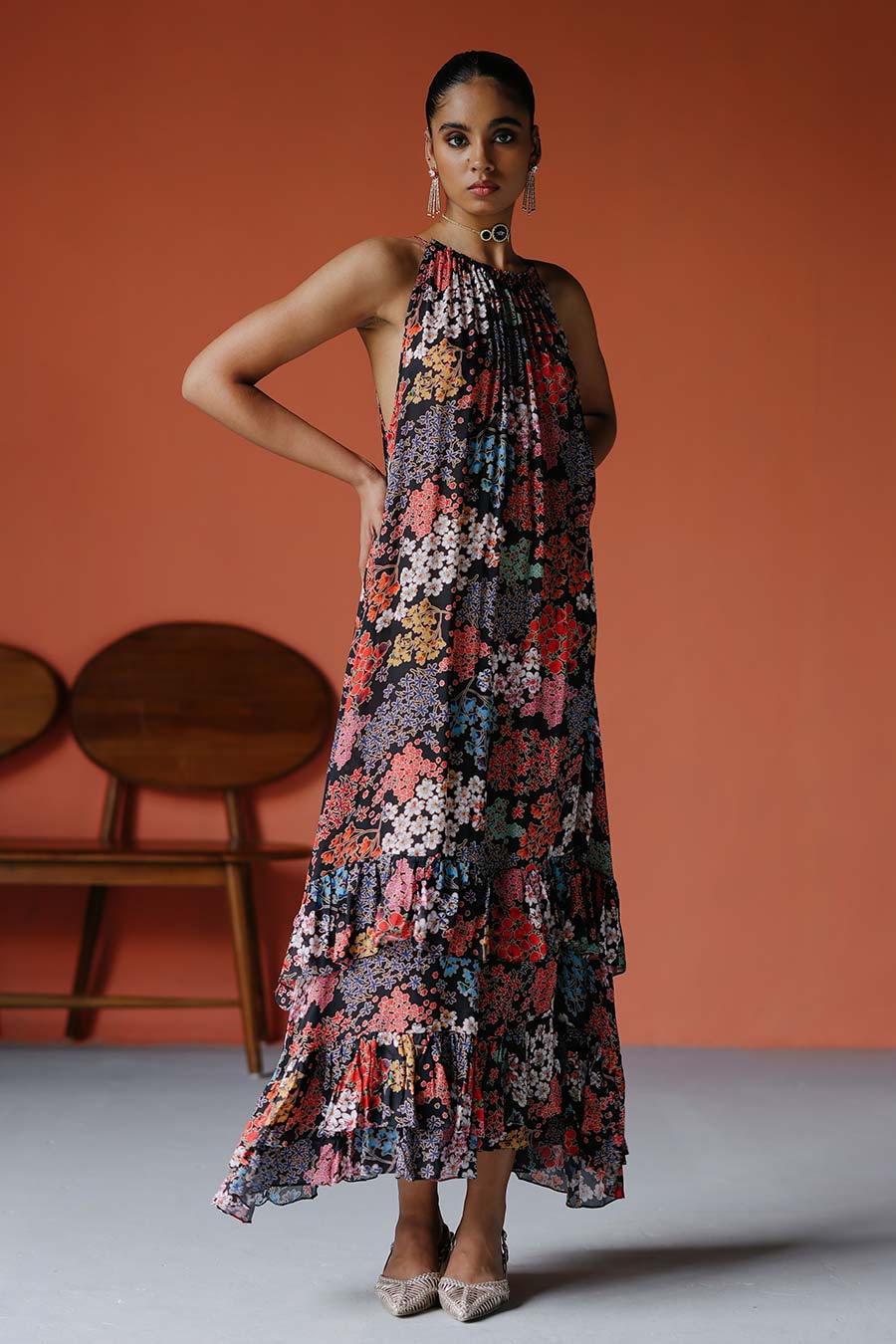 Printed Halter Neck Tiered Maxi Dress