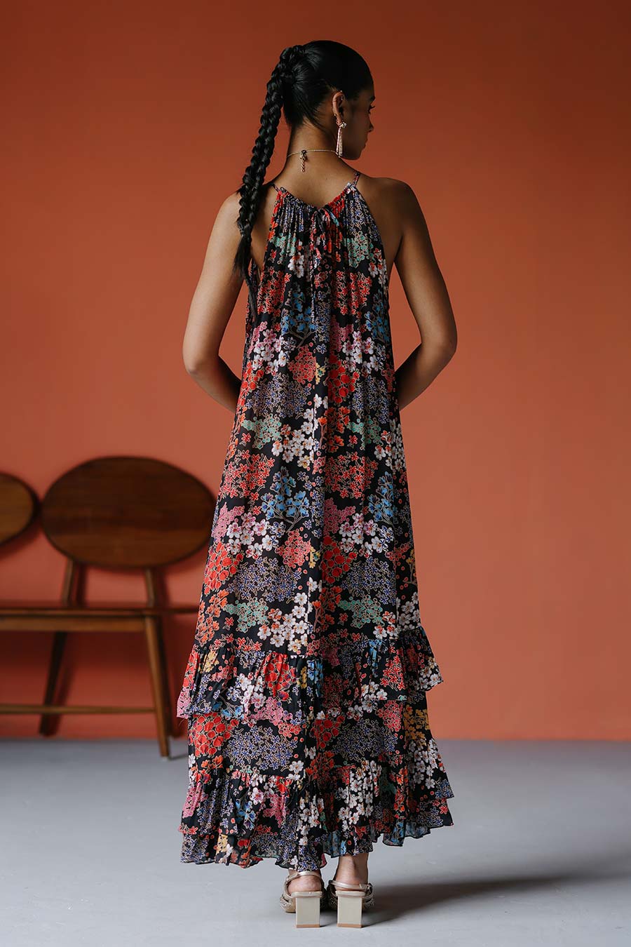 Printed Halter Neck Tiered Maxi Dress