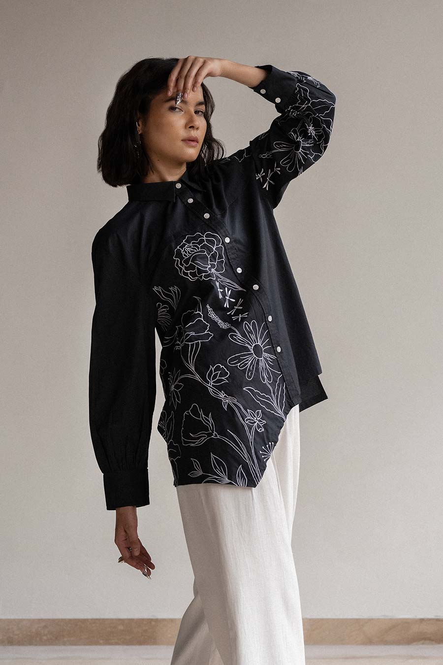 Black Blossom Embroidered Shirt