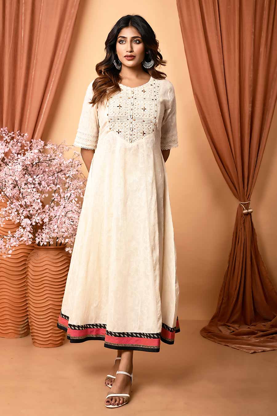 Ivory Cotton Embroidered Long Kurta Dress