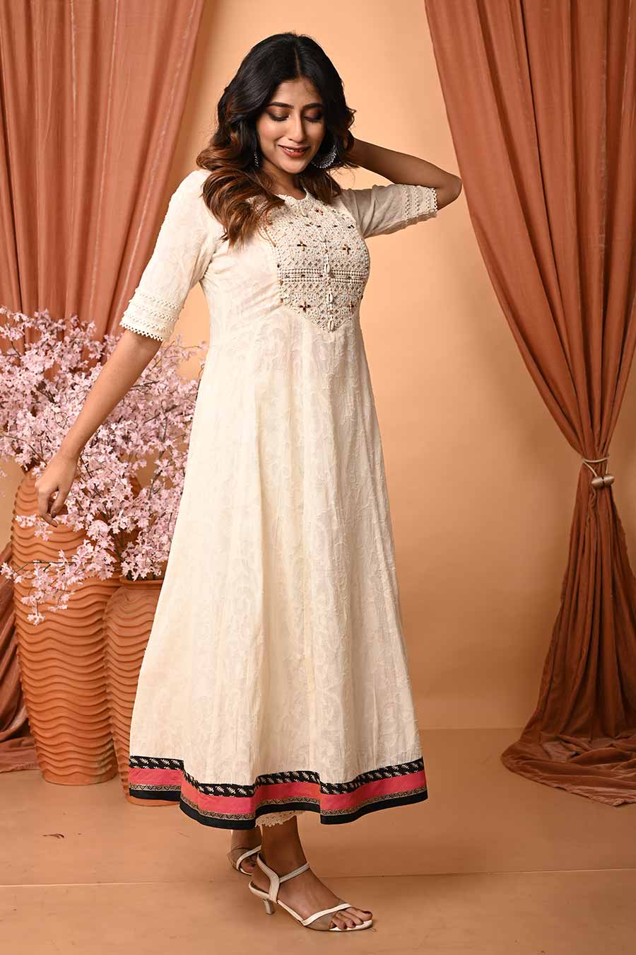 Ivory Cotton Embroidered Long Kurta Dress