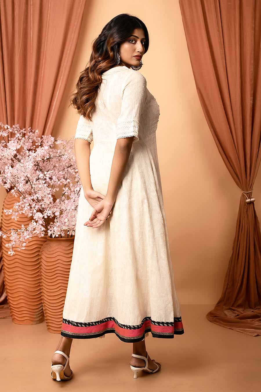 Ivory Cotton Embroidered Long Kurta Dress