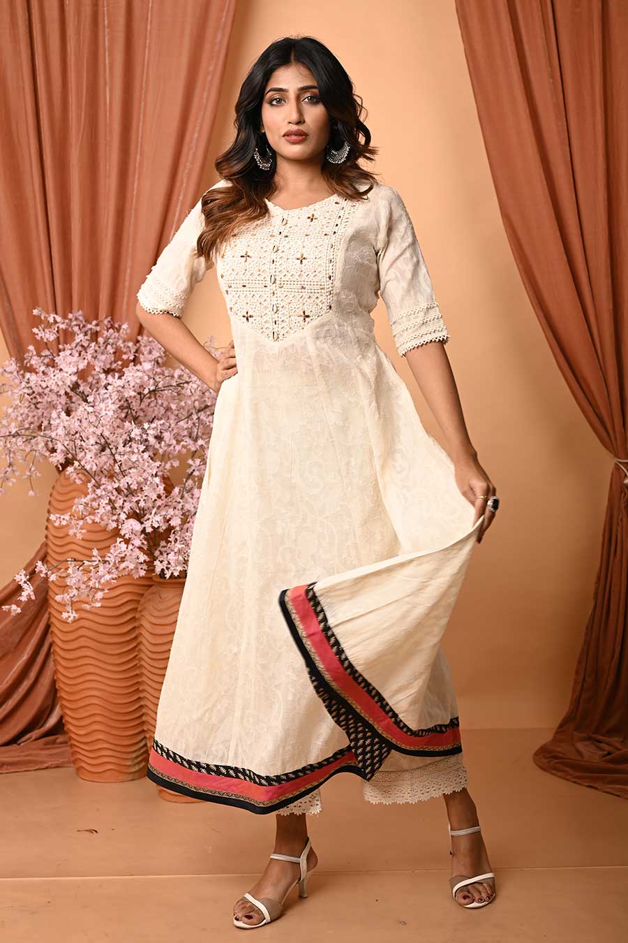 Ivory Cotton Embroidered Long Kurta Dress