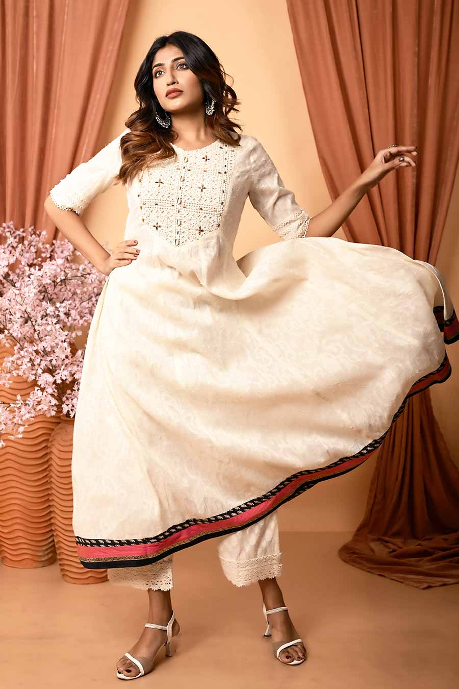 Ivory Cotton Embroidered Long Kurta Dress