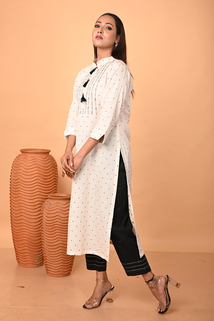 Ivory Linen Hand Embroidered Kurta & Pant Set