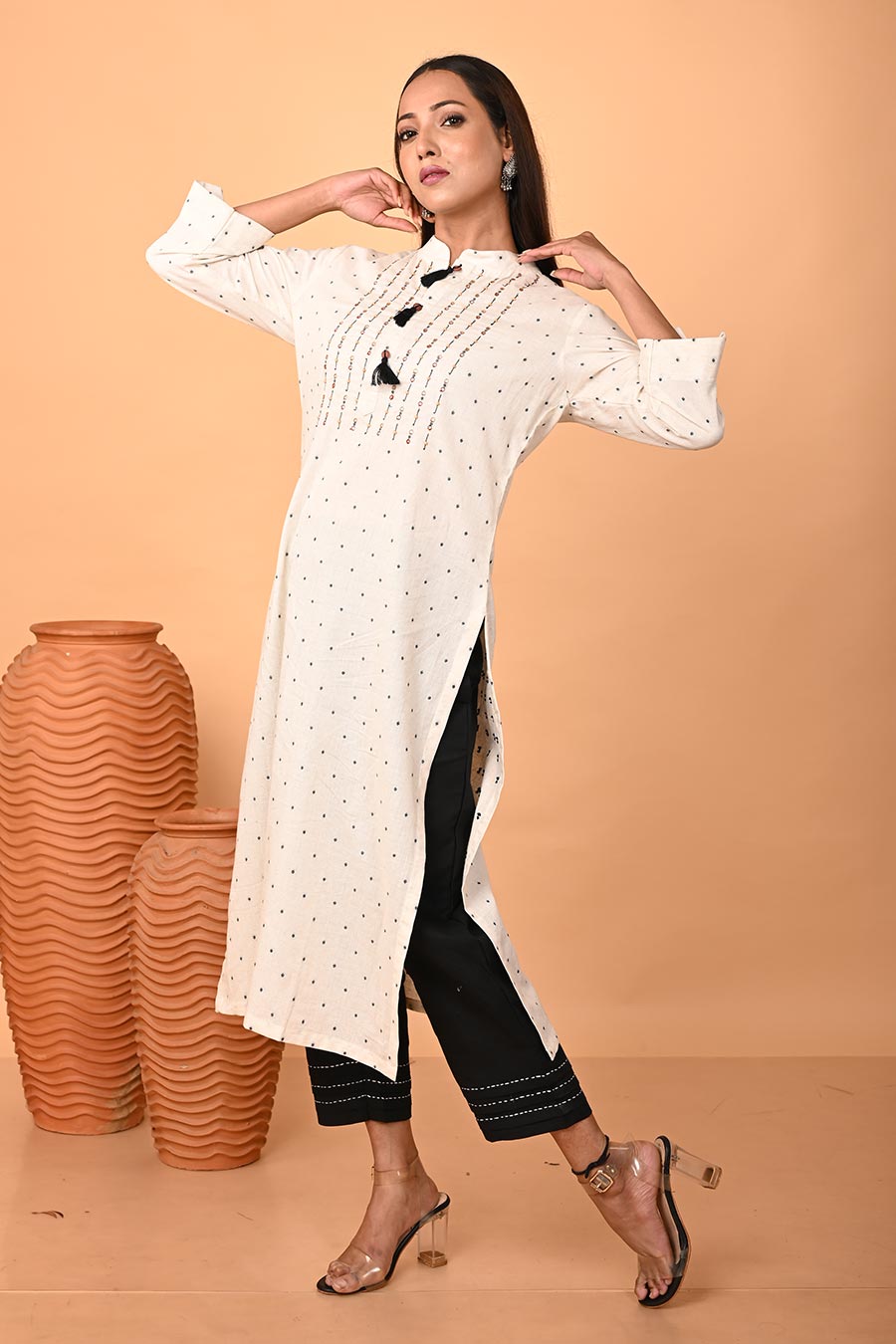 Ivory Linen Hand Embroidered Kurta & Pant Set