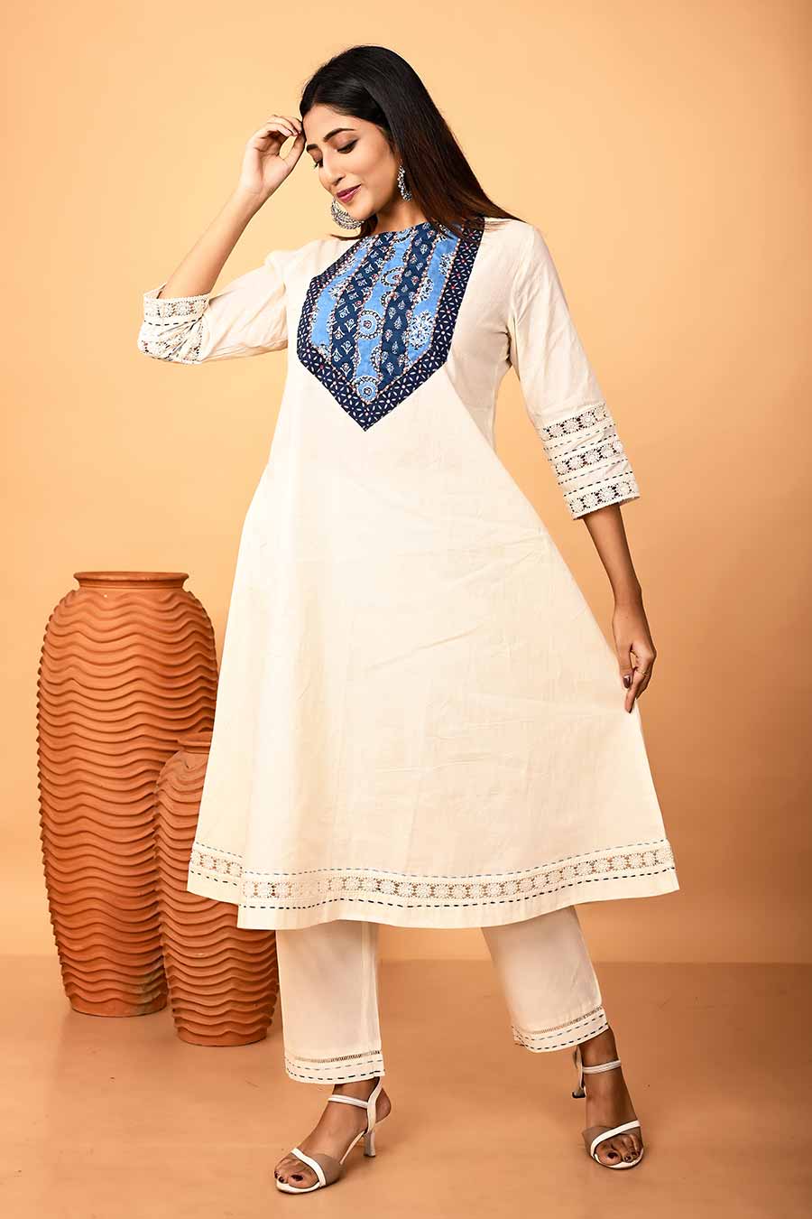 Ivory Embroidered A-Line Kurta & Pant Set