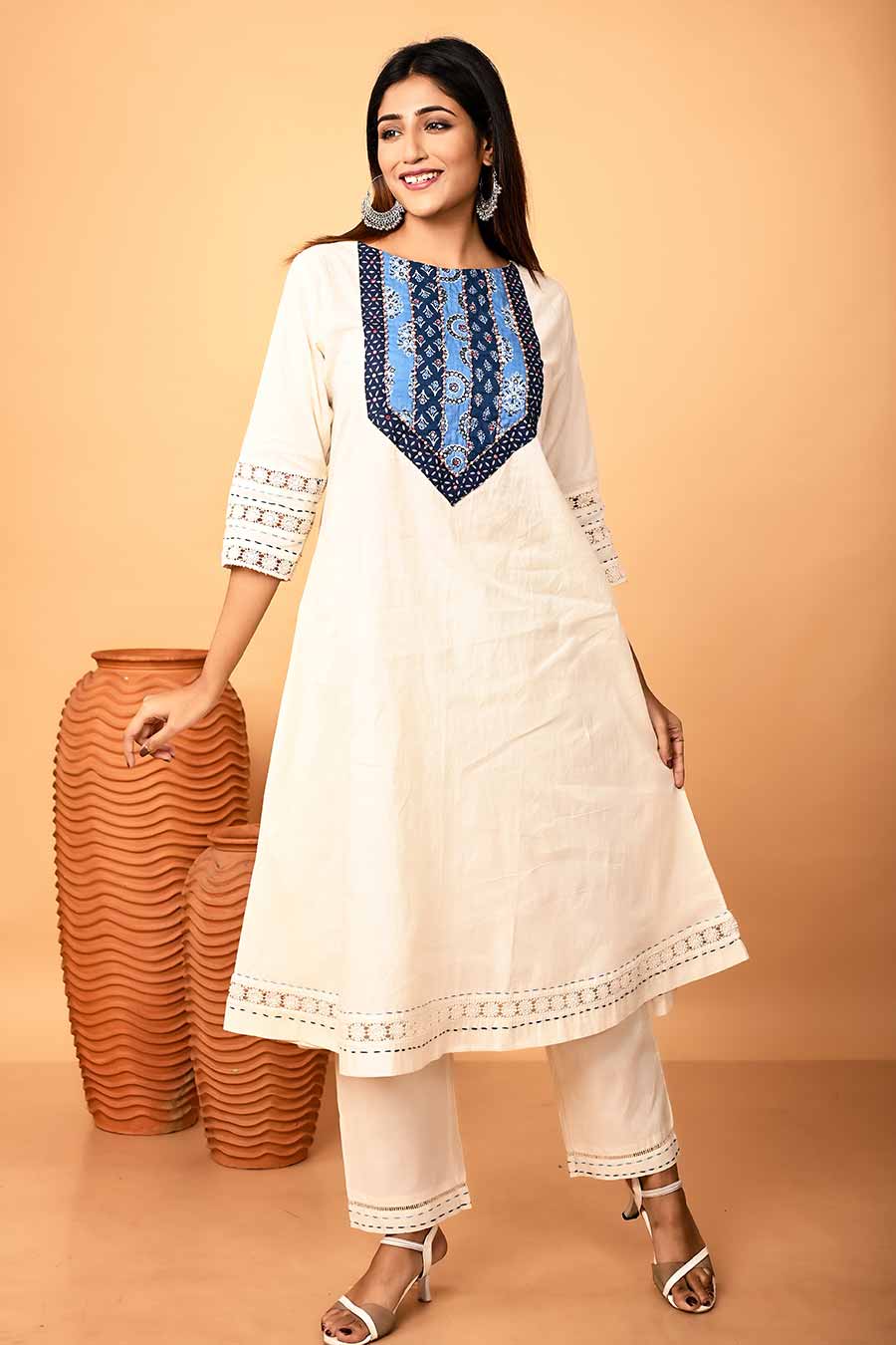 Ivory Embroidered A-Line Kurta & Pant Set