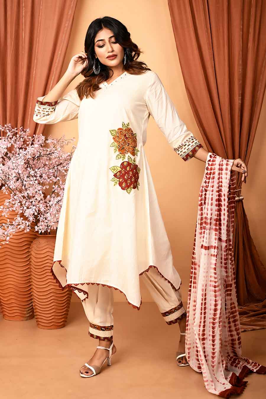 Cream Rumal-Cut Embroidered Kurta Set