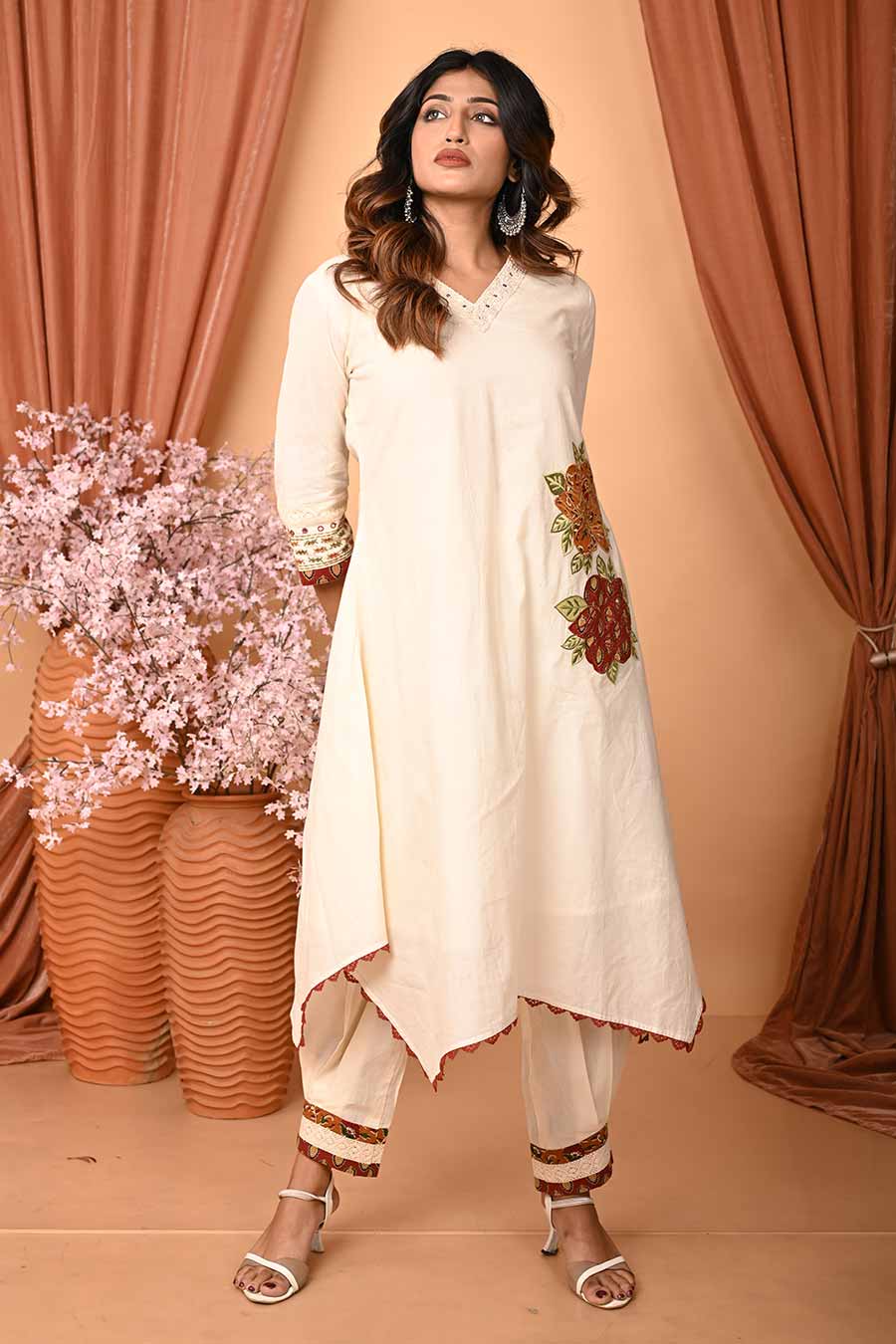 Cream Rumal-Cut Embroidered Kurta Set