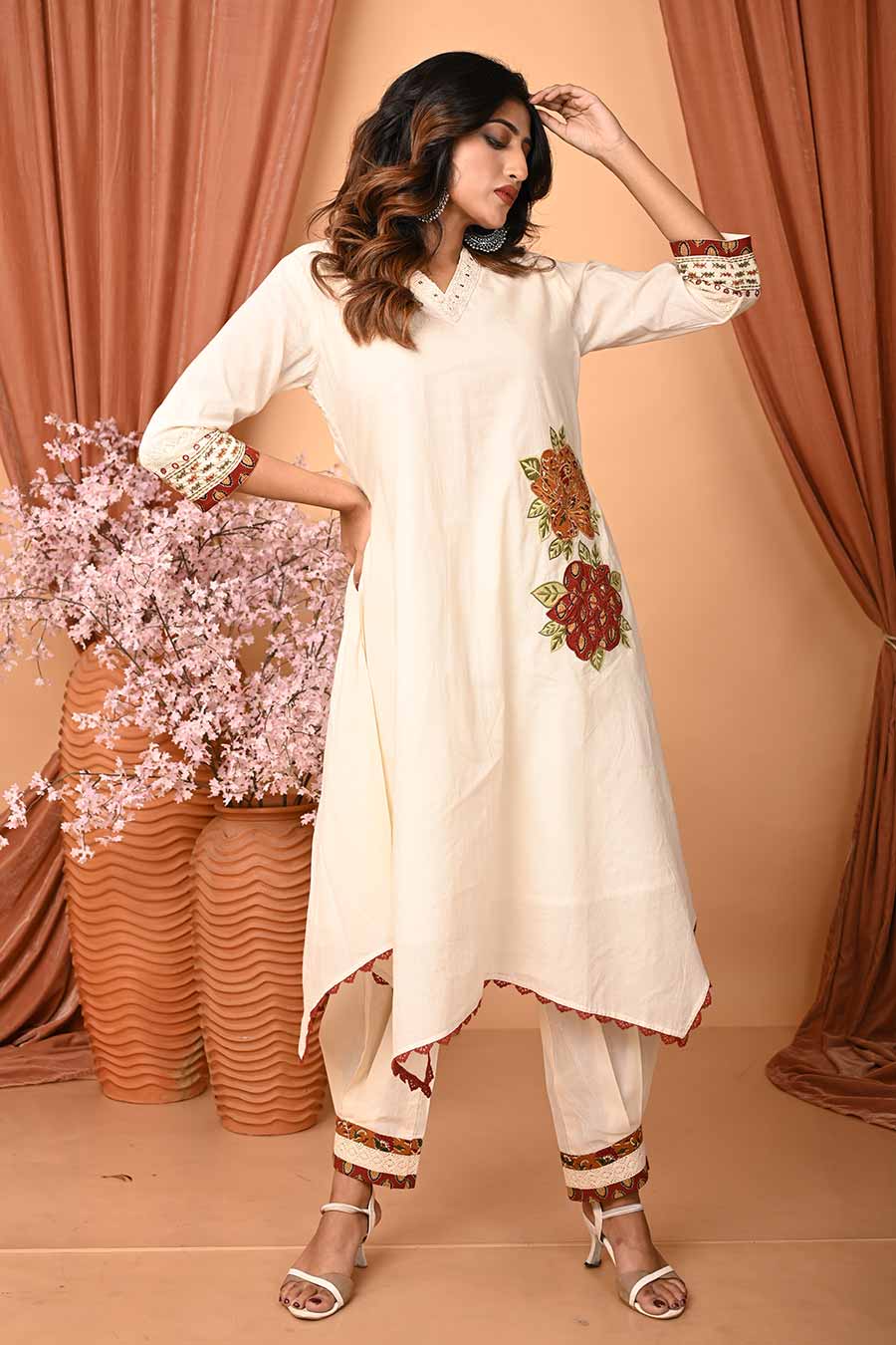 Cream Rumal-Cut Embroidered Kurta Set