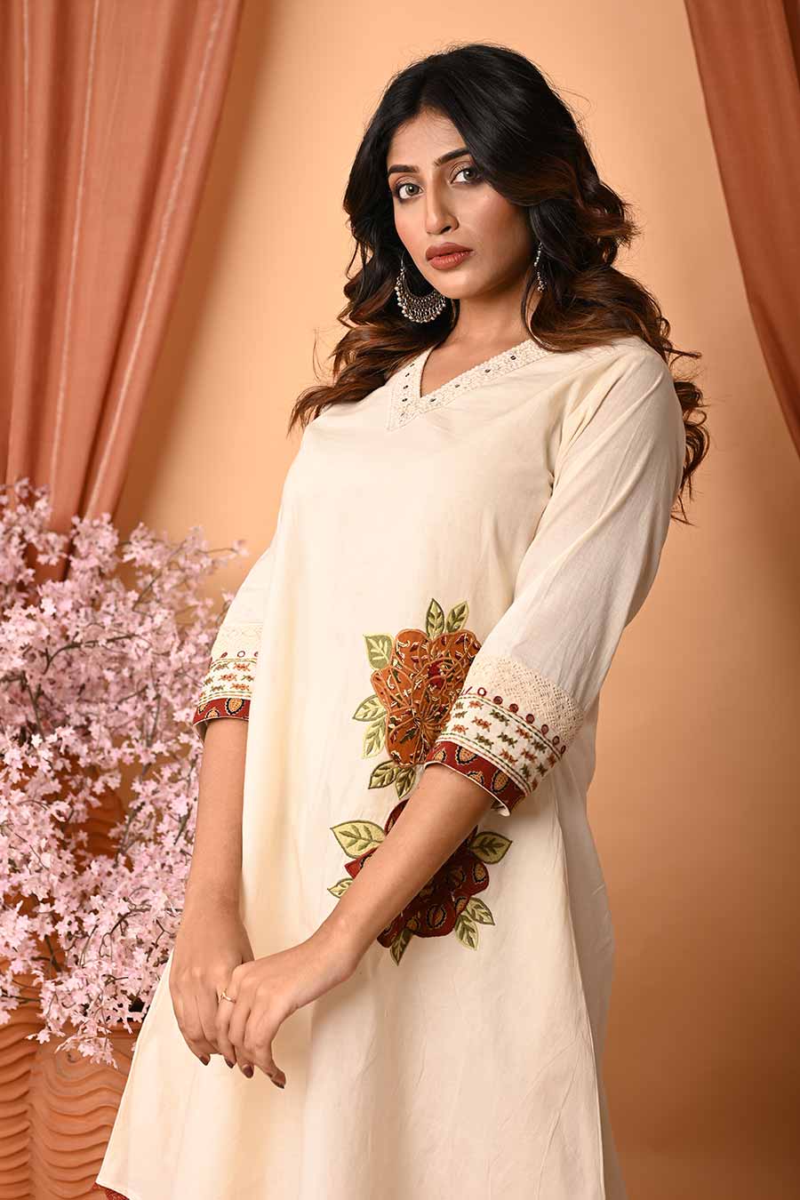 Cream Rumal-Cut Embroidered Kurta Set