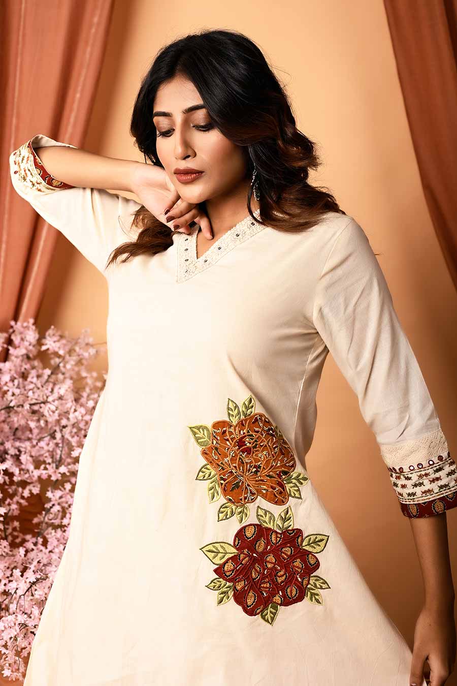 Cream Rumal-Cut Embroidered Kurta Set