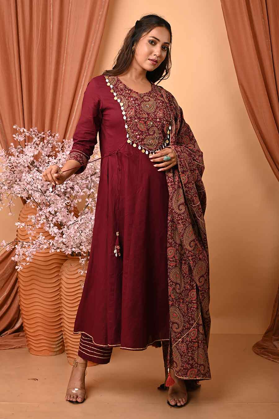 Wine Hand Embroidered Kurta Set