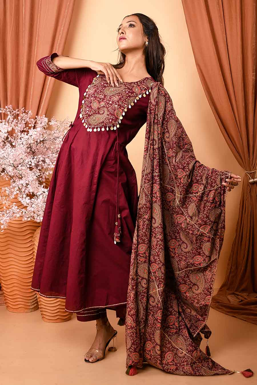 Wine Hand Embroidered Kurta Set