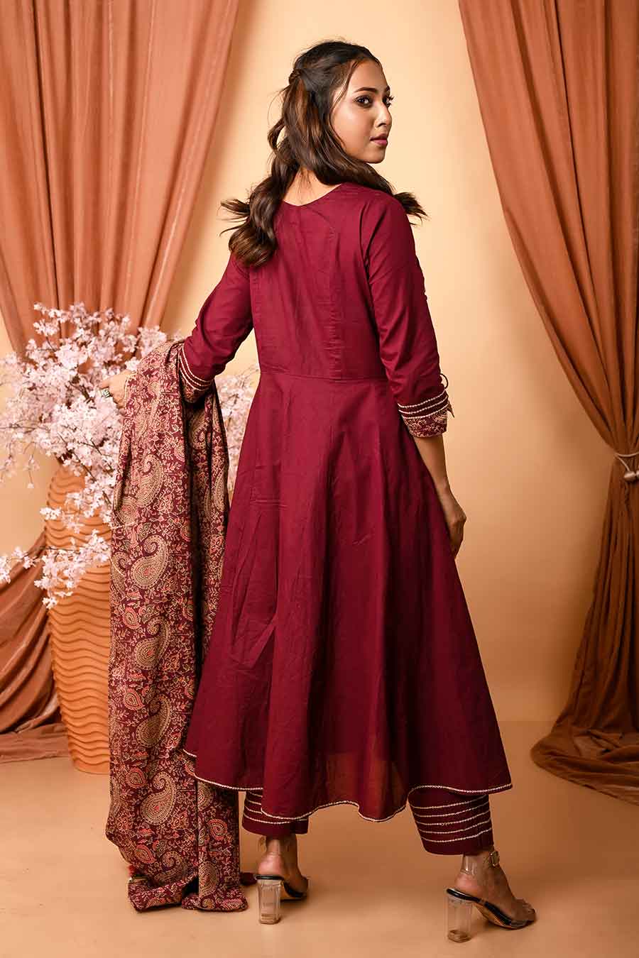 Wine Hand Embroidered Kurta Set