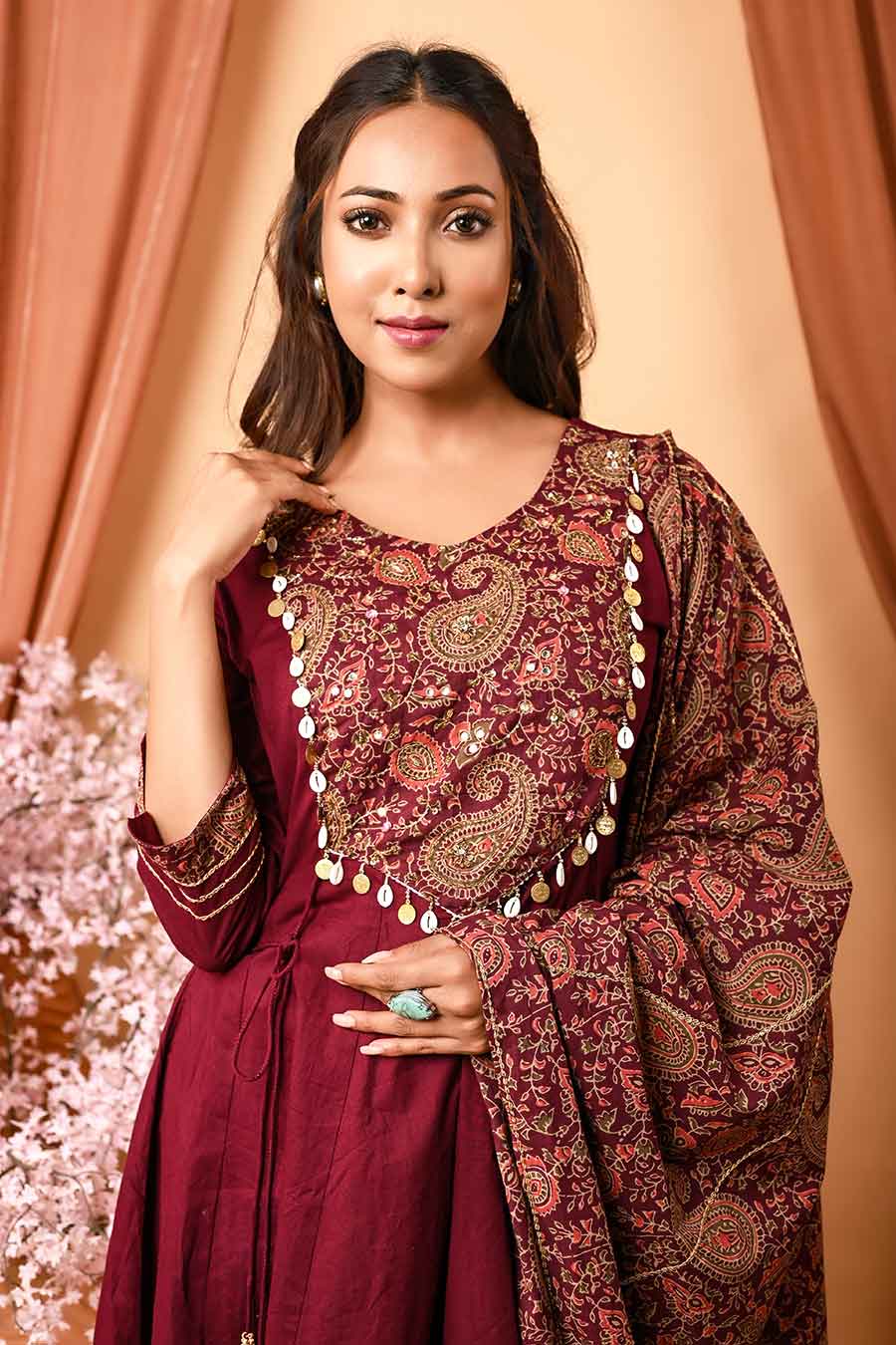 Wine Hand Embroidered Kurta Set