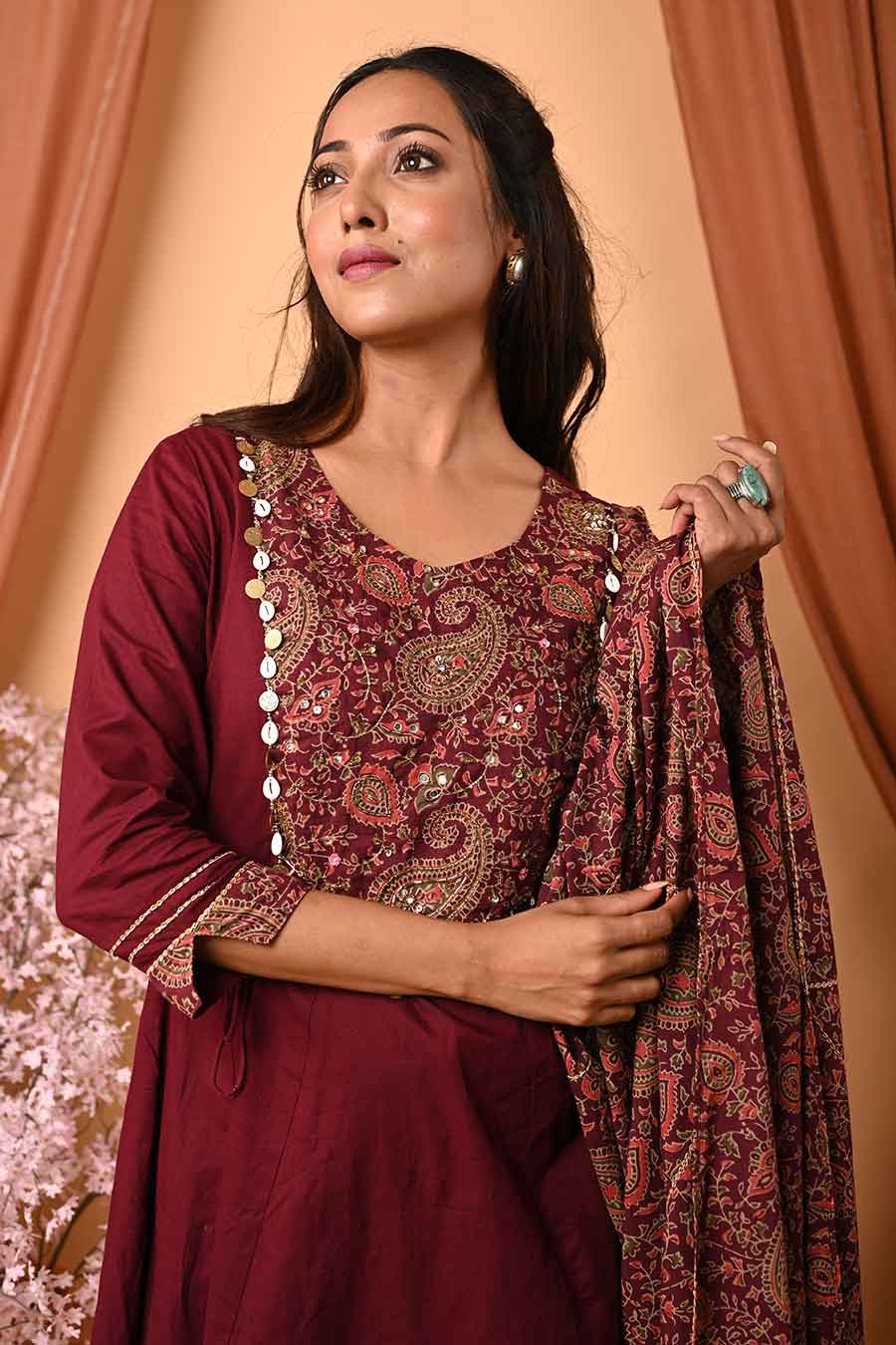 Wine Hand Embroidered Kurta Set