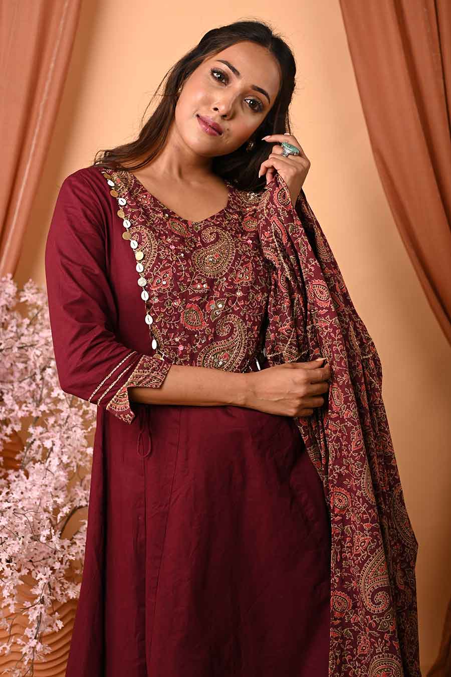 Wine Hand Embroidered Kurta Set