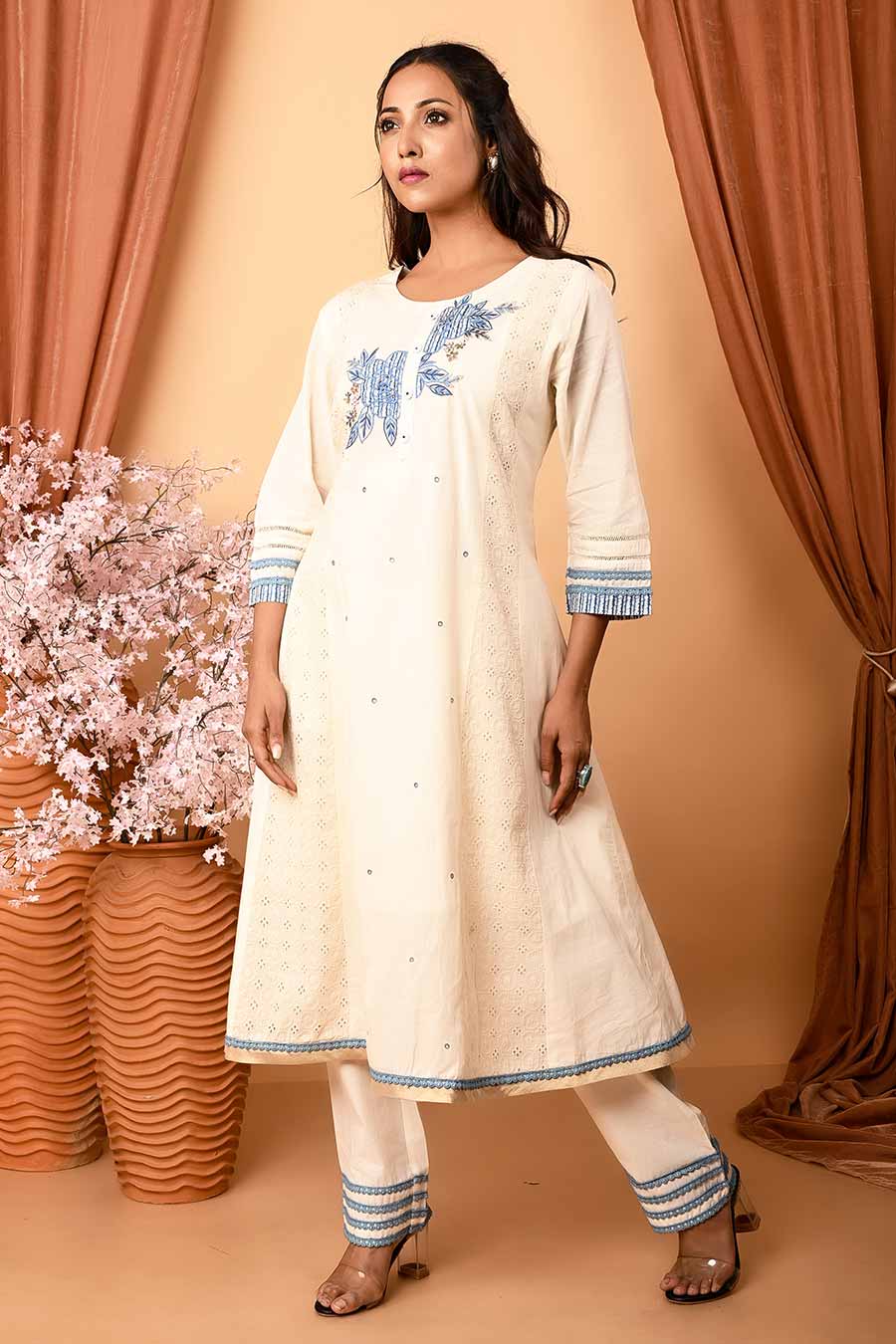 Ivory Contrast Embroidered Kurta Set