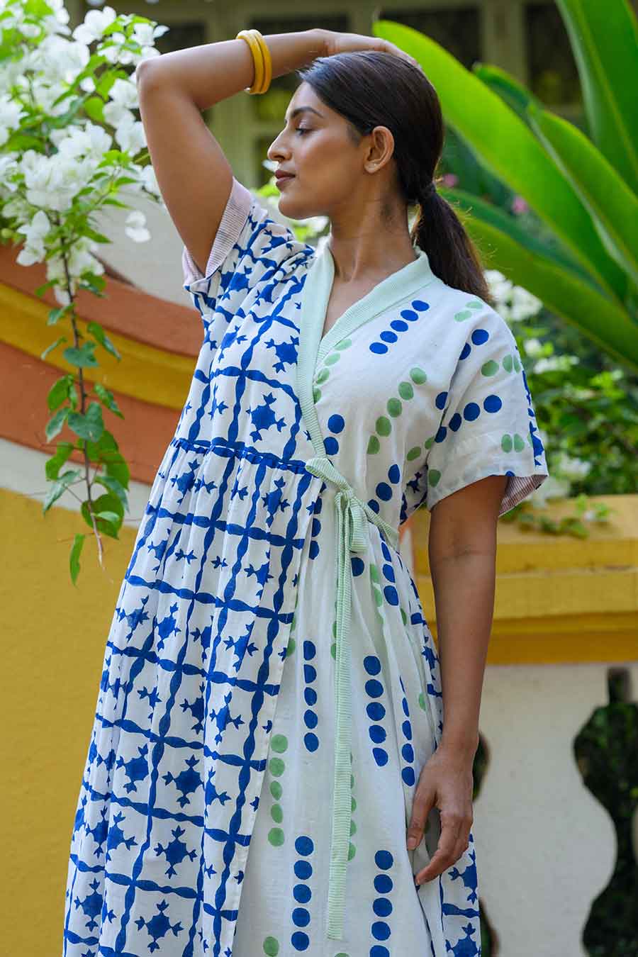 White Agueda Handblock Print Overlap Dress