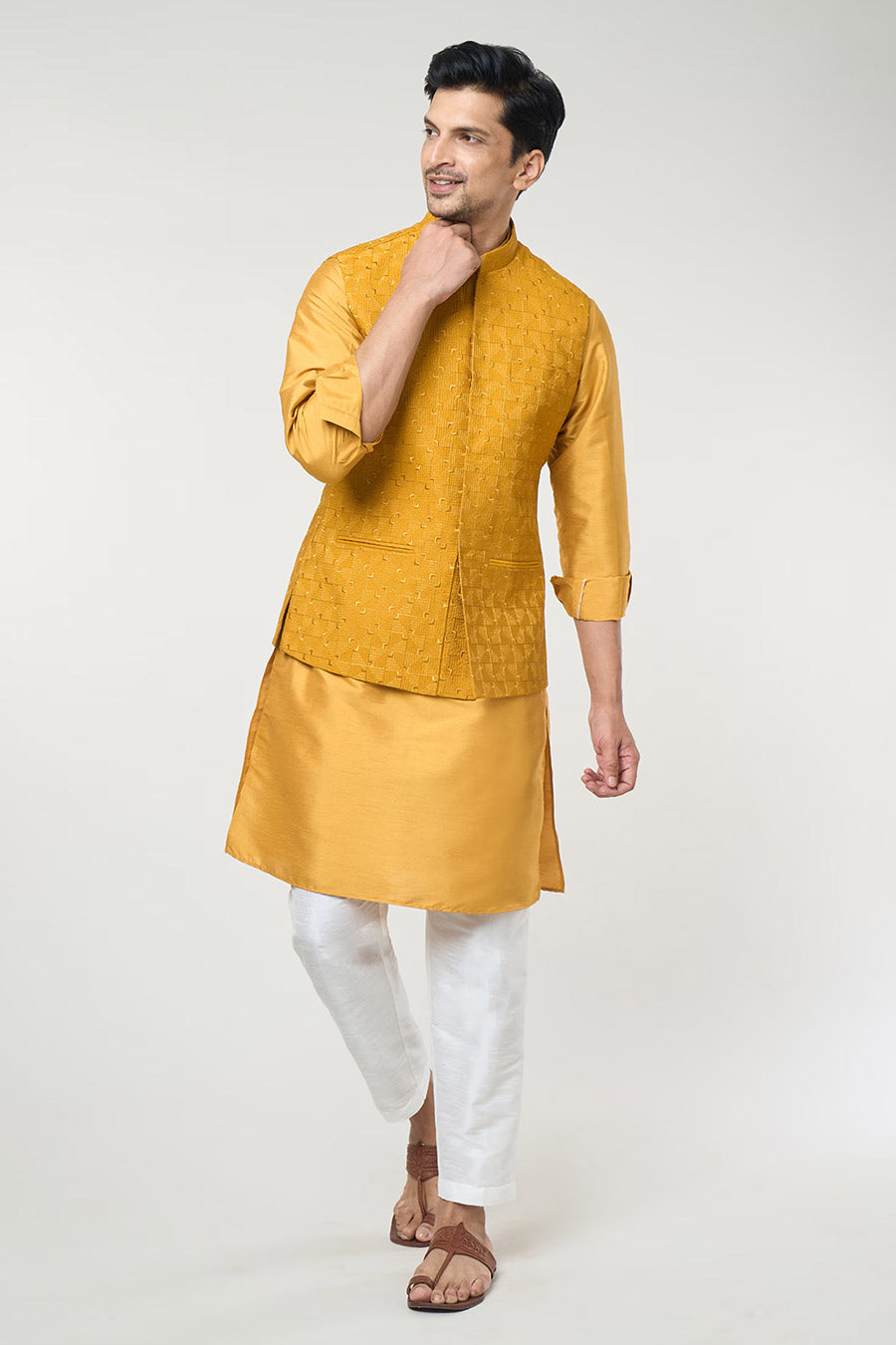 Mustard Kurta Set With Embroidered Jacket