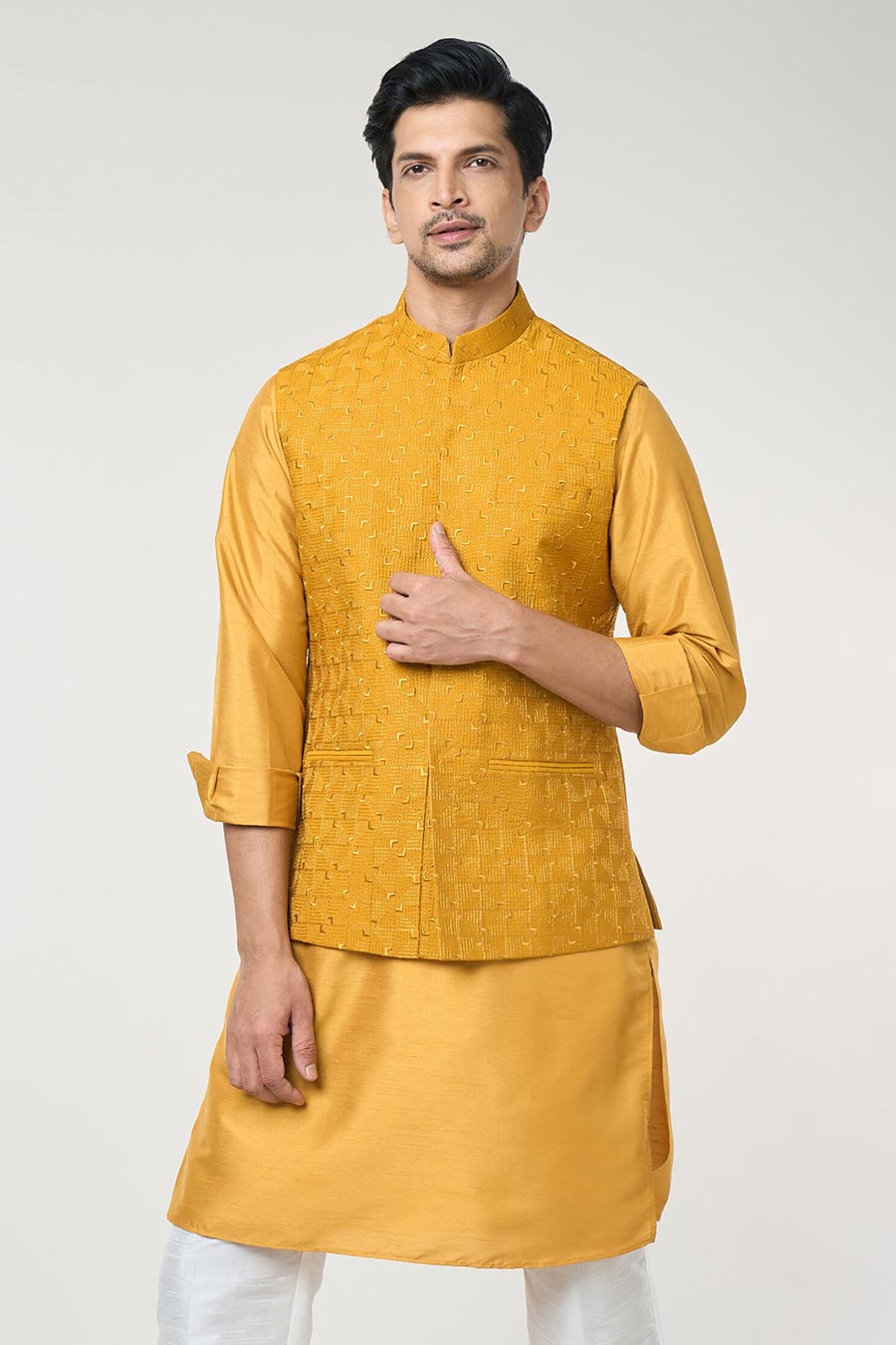 Mustard Kurta Set With Embroidered Jacket