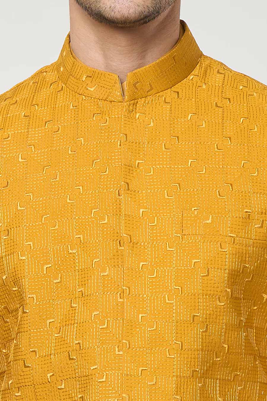 Mustard Kurta Set With Embroidered Jacket