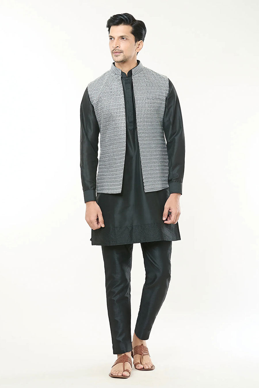 Black Kurta Set With Embroidered Jacket