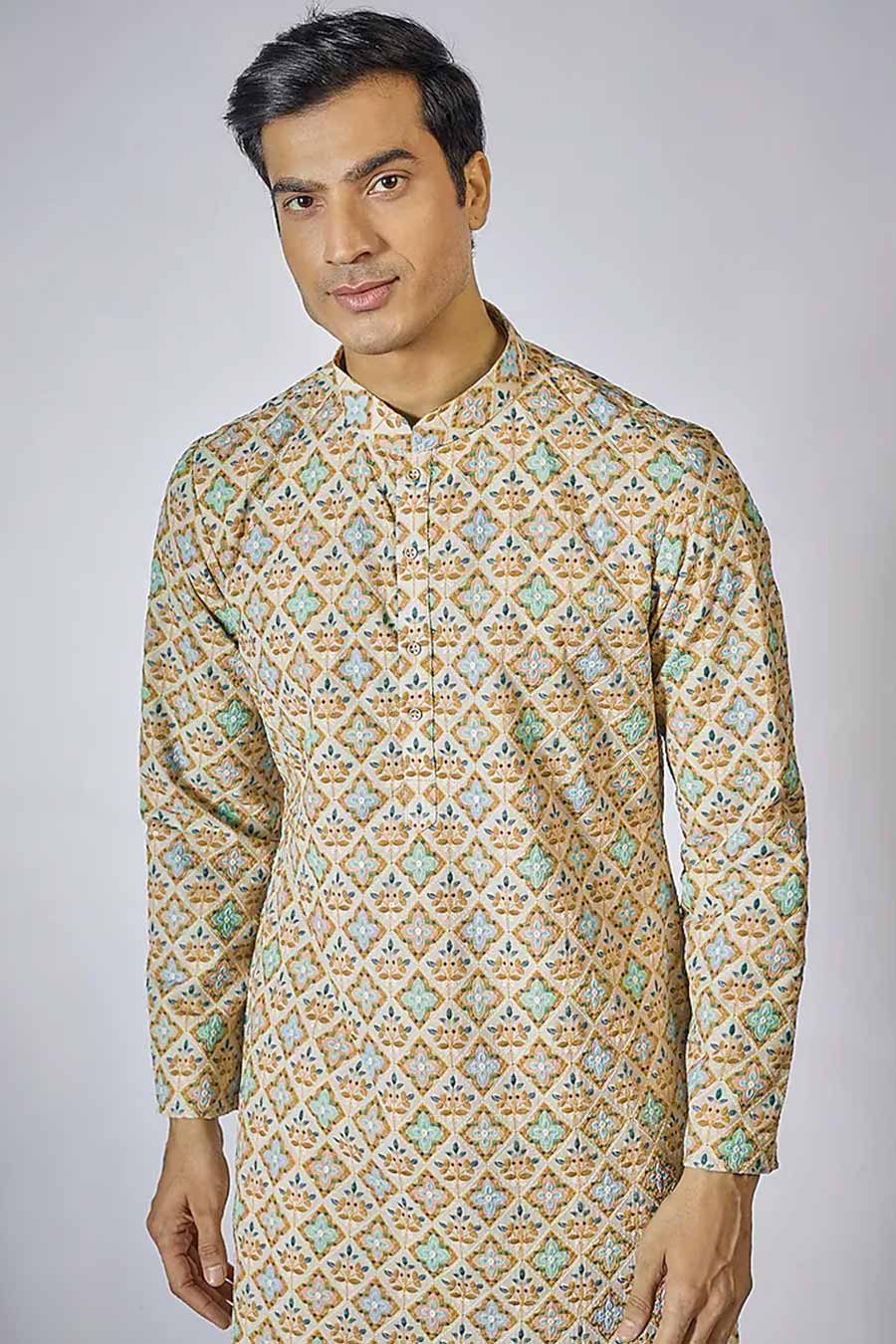 Beige Geometric Printed Kurta Set