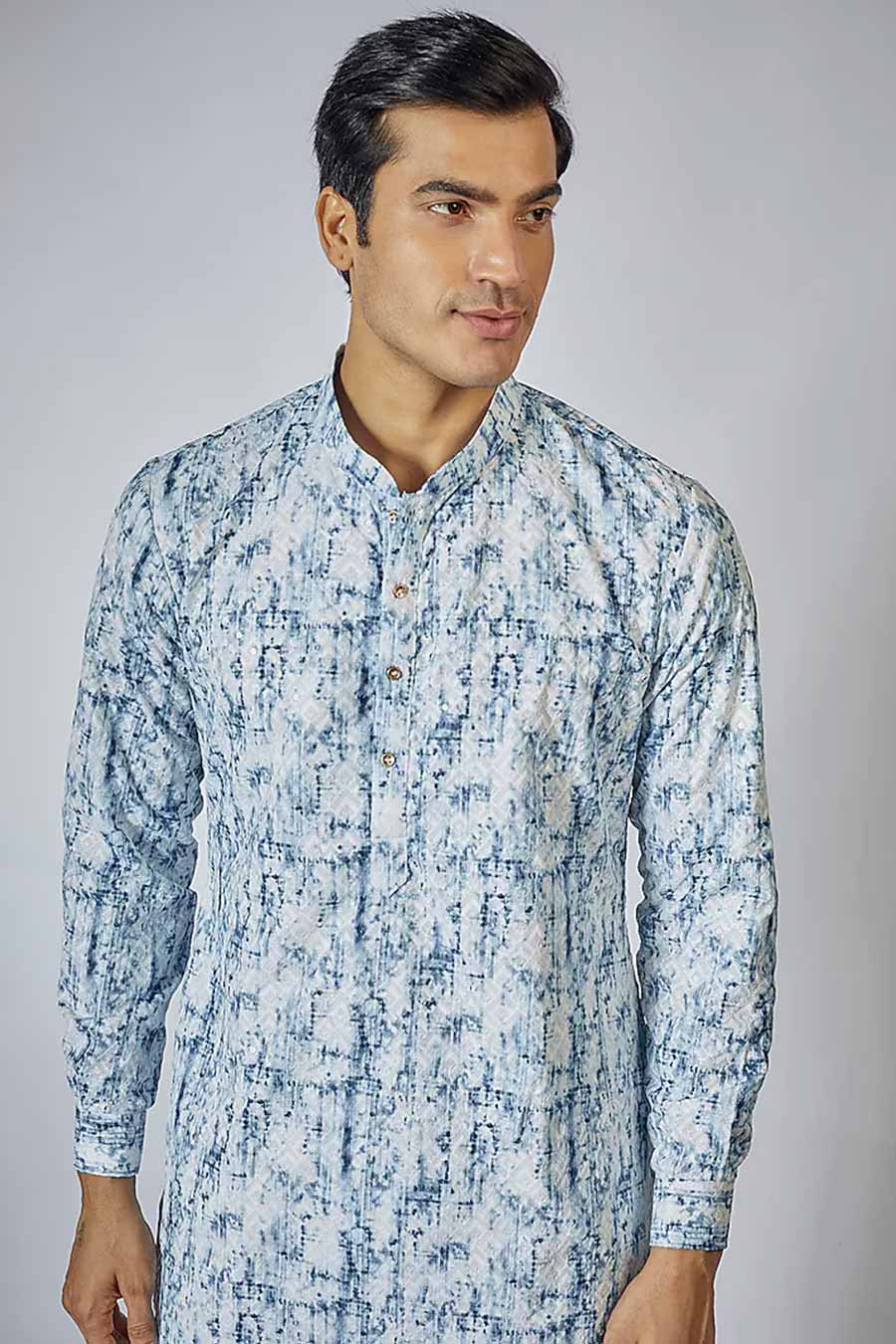 Blue & Off-White Embroidered Kurta Set