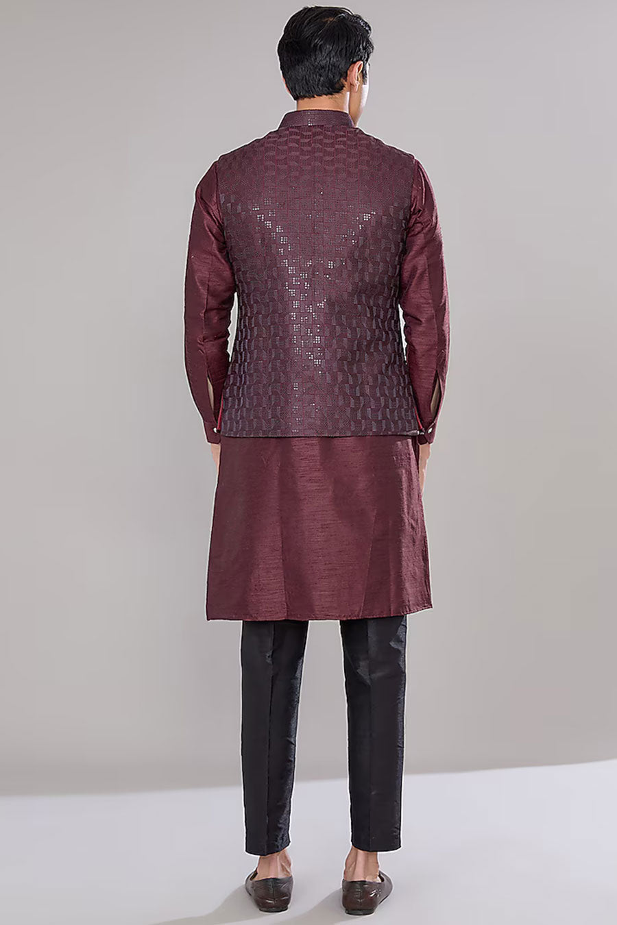 Maroon Kurta Set With Embroidered Jacket