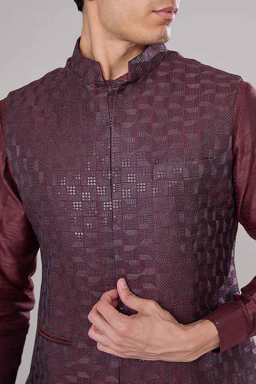 Maroon Kurta Set With Embroidered Jacket