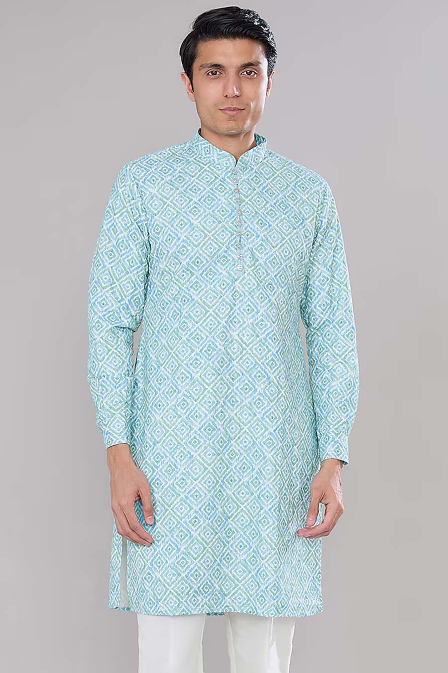 Blue Ikat Print Embellished Kurta Set