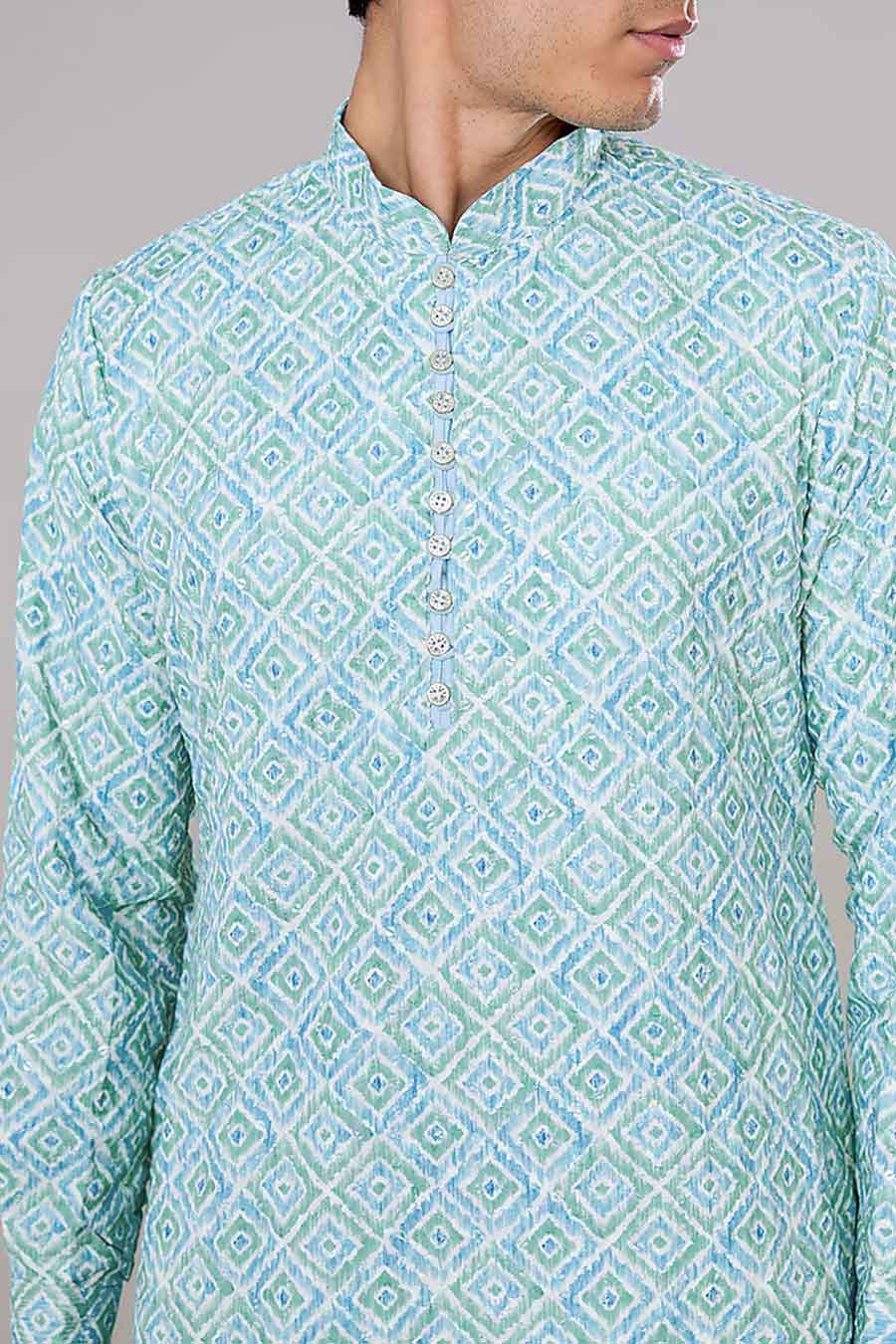 Blue Ikat Print Embellished Kurta Set