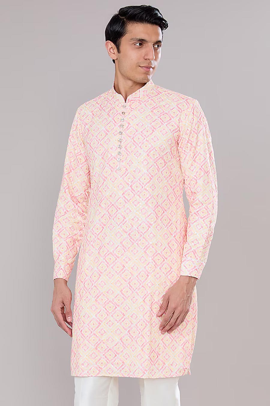 Pink Ikat Print Embellished Kurta Set