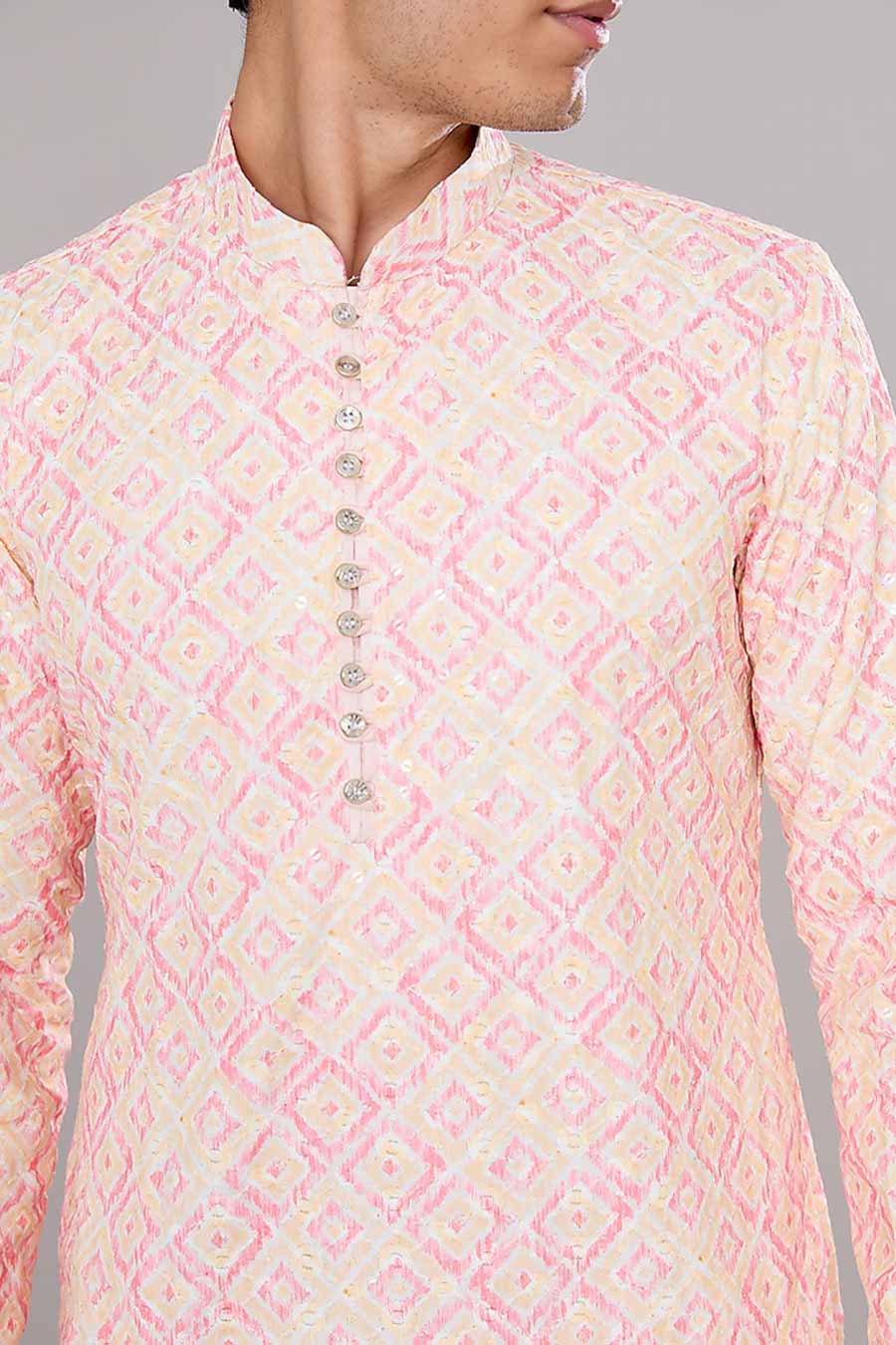 Pink Ikat Print Embellished Kurta Set